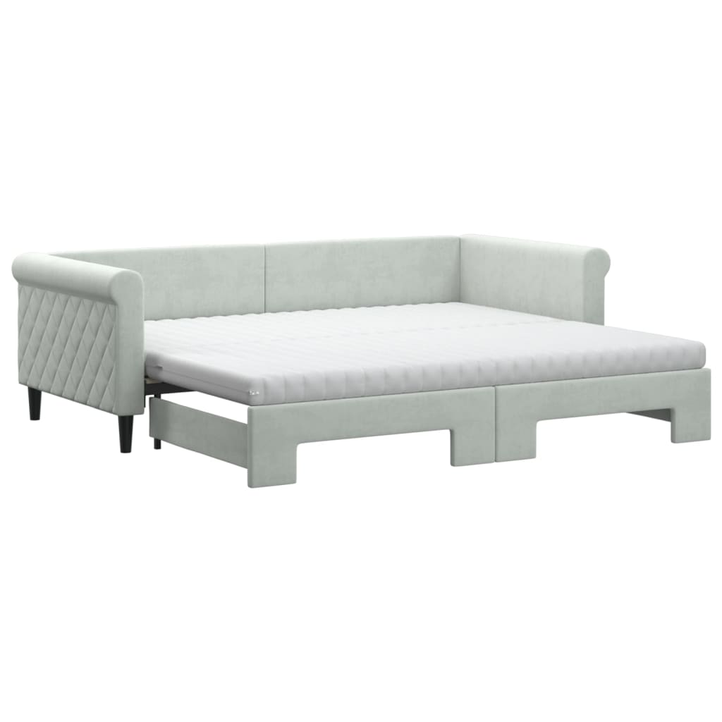 Lit de jour avec gigogne et matelas gris clair 90x200cm velours - XIOS