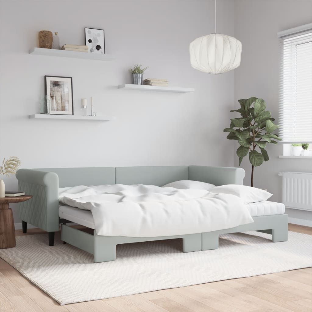 Lit de jour avec gigogne et matelas gris clair 90x200cm velours - XIOS