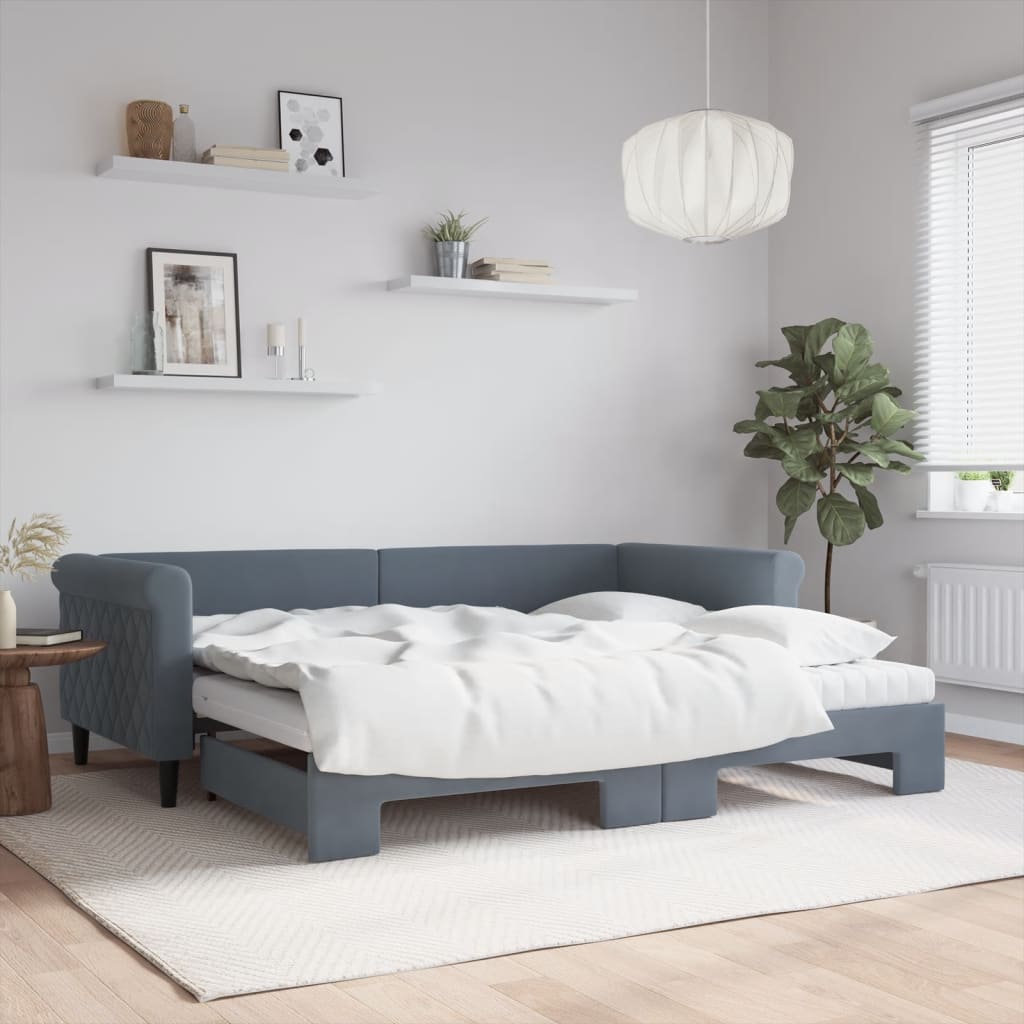 Lit de jour avec gigogne et matelas gris foncé 90x200cm velours - XIOS