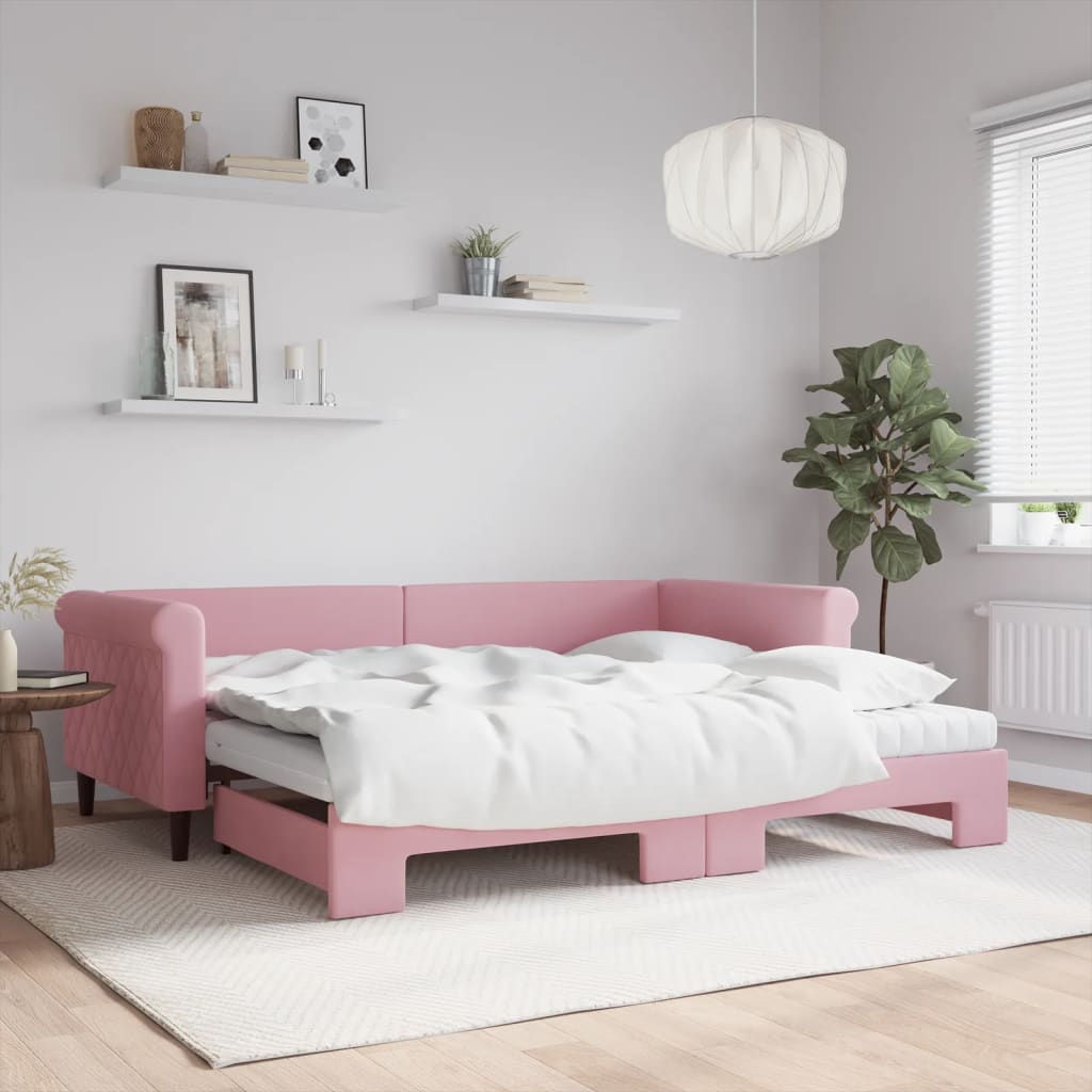 Lit de jour avec gigogne et matelas rose 90x200 cm velours - XIOS