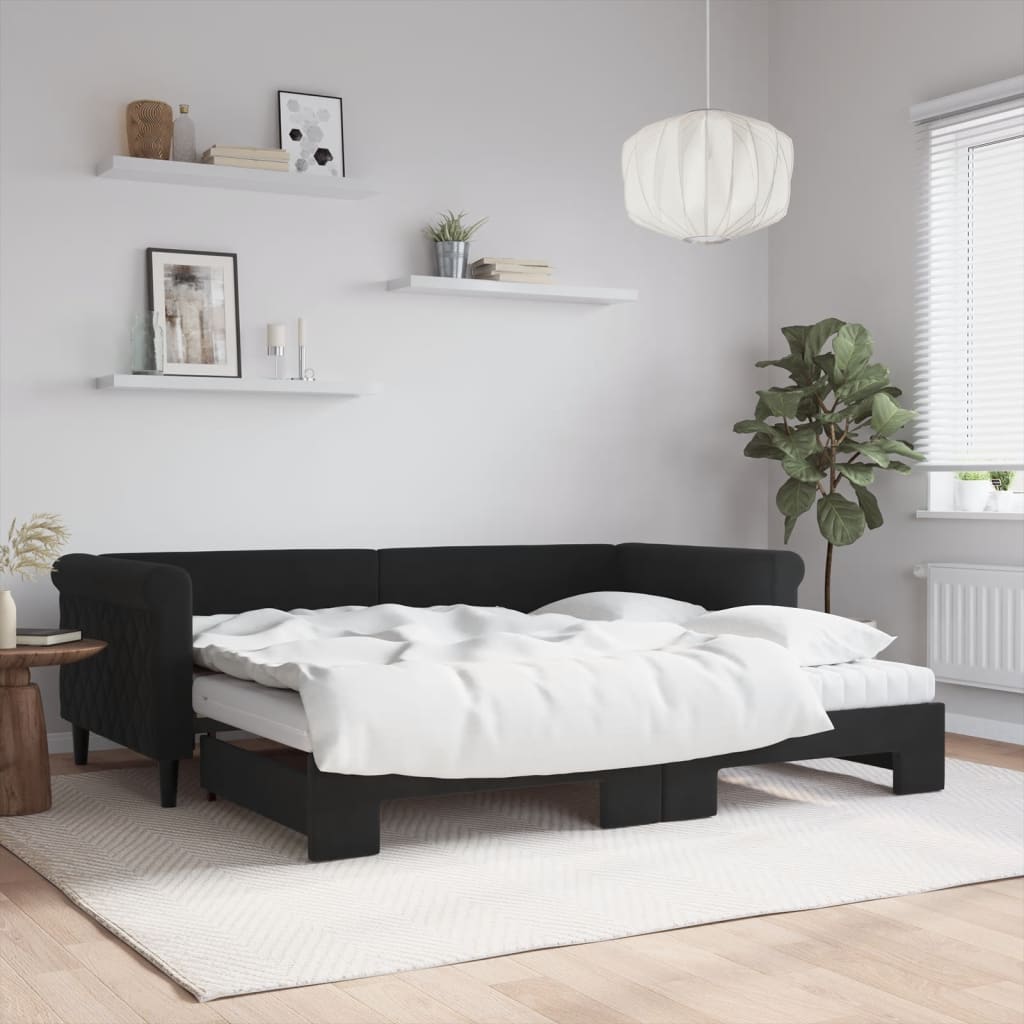 Lit de jour avec gigogne et matelas noir 90x200 cm velours - XIOS