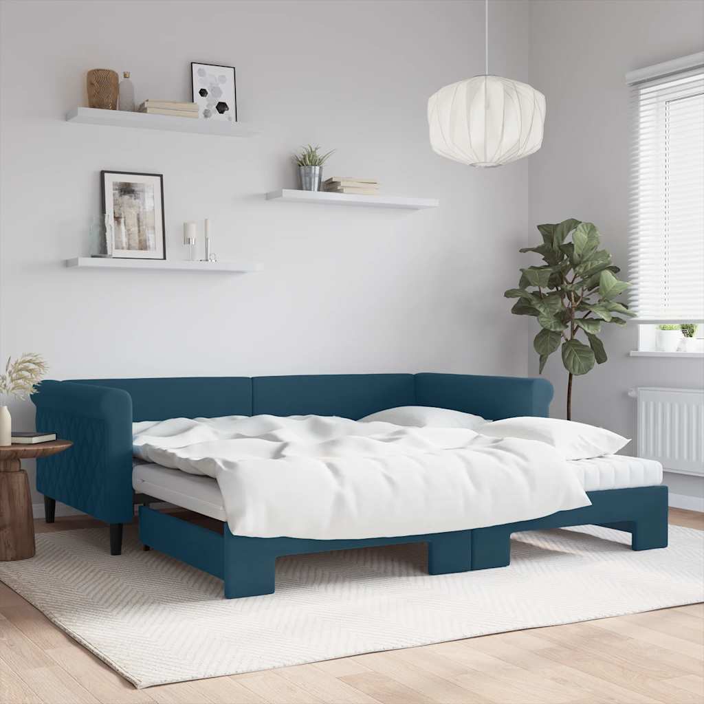 Lit de jour avec lit gigogne et matelas bleu 100x200 cm velours - XIOS