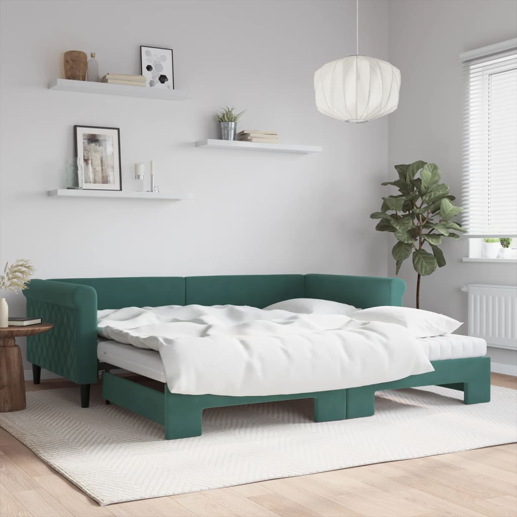 Lit de jour et gigogne et matelas vert foncé 100x200 cm velours - XIOS