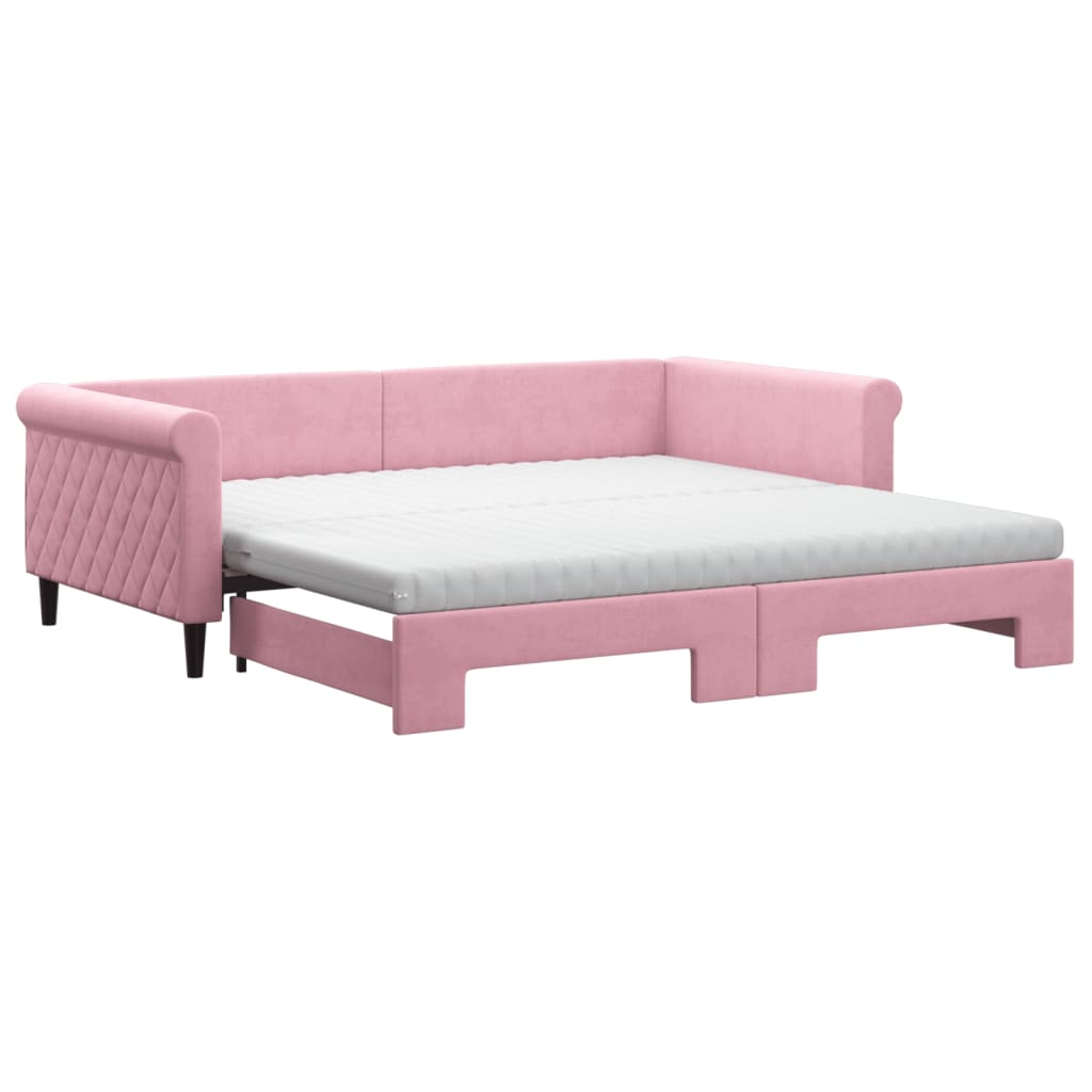 Lit de jour avec lit gigogne et matelas rose 100x200 cm velours - XIOS