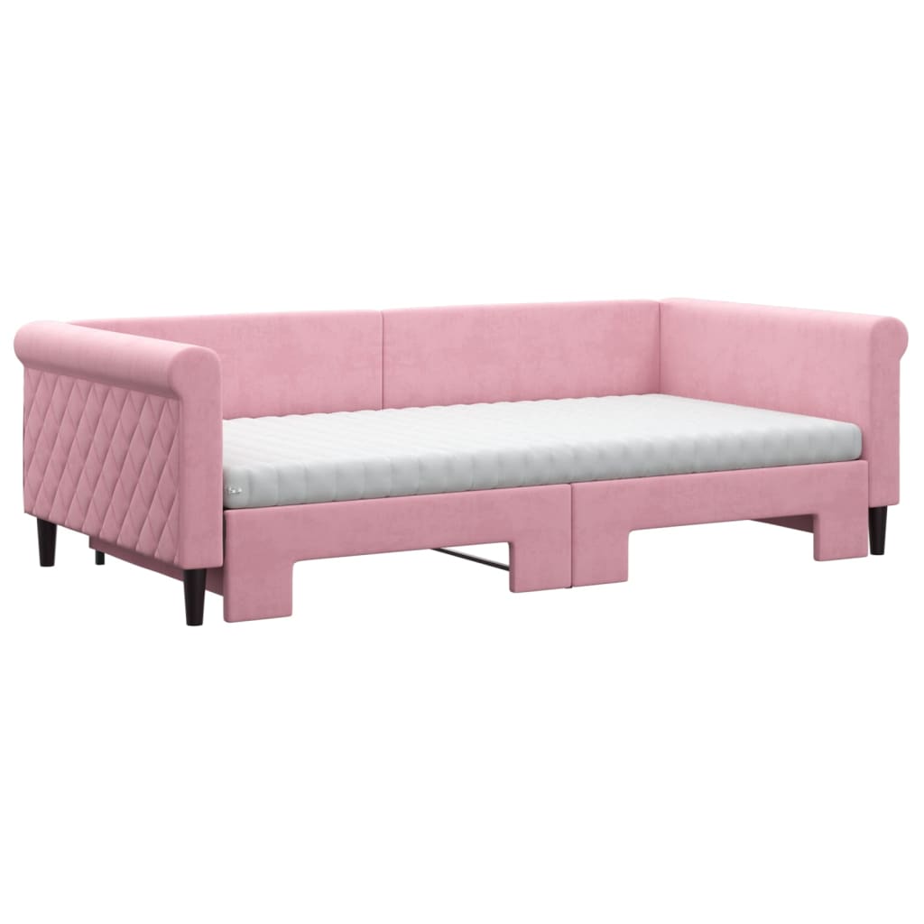 Lit de jour avec lit gigogne et matelas rose 100x200 cm velours