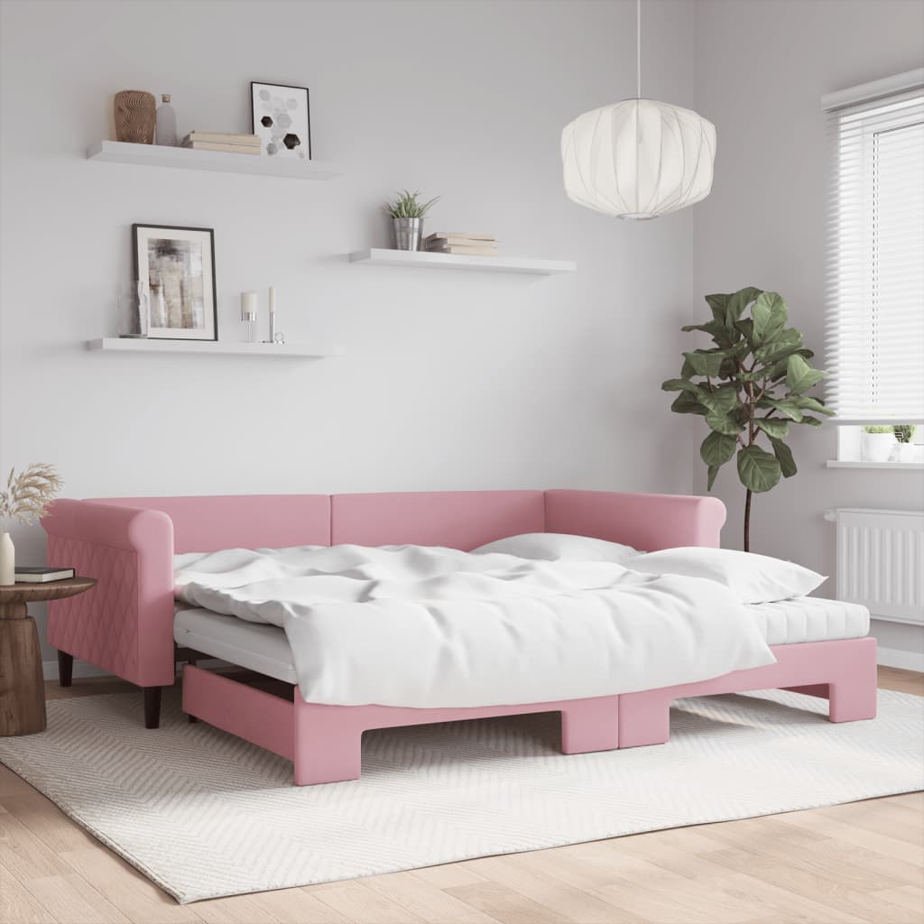Lit de jour avec lit gigogne et matelas rose 100x200 cm velours - XIOS