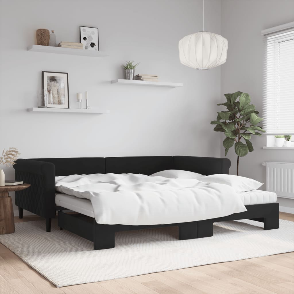 Lit de jour avec lit gigogne et matelas noir 100x200 cm velours - XIOS