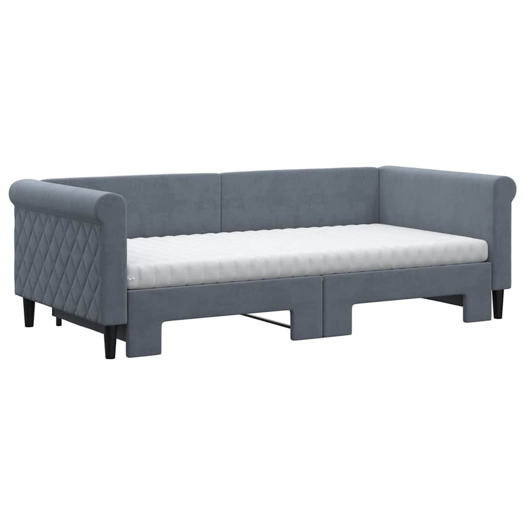 Lit de jour avec gigogne et matelas gris foncé 90x190cm velours