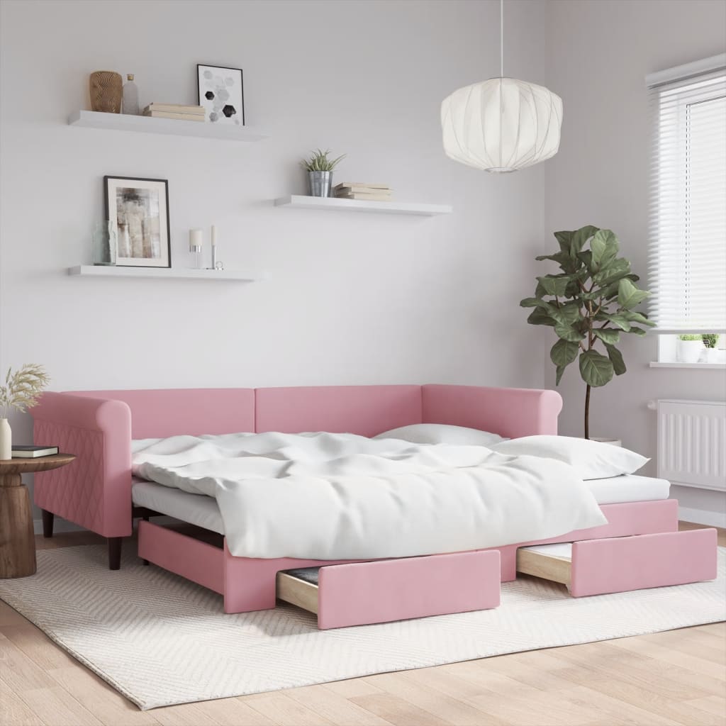 Lit de jour avec gigogne et tiroirs rose 100x200 cm velours