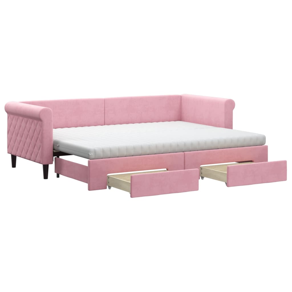 Lit de jour avec gigogne et tiroirs rose 80x200 cm velours
