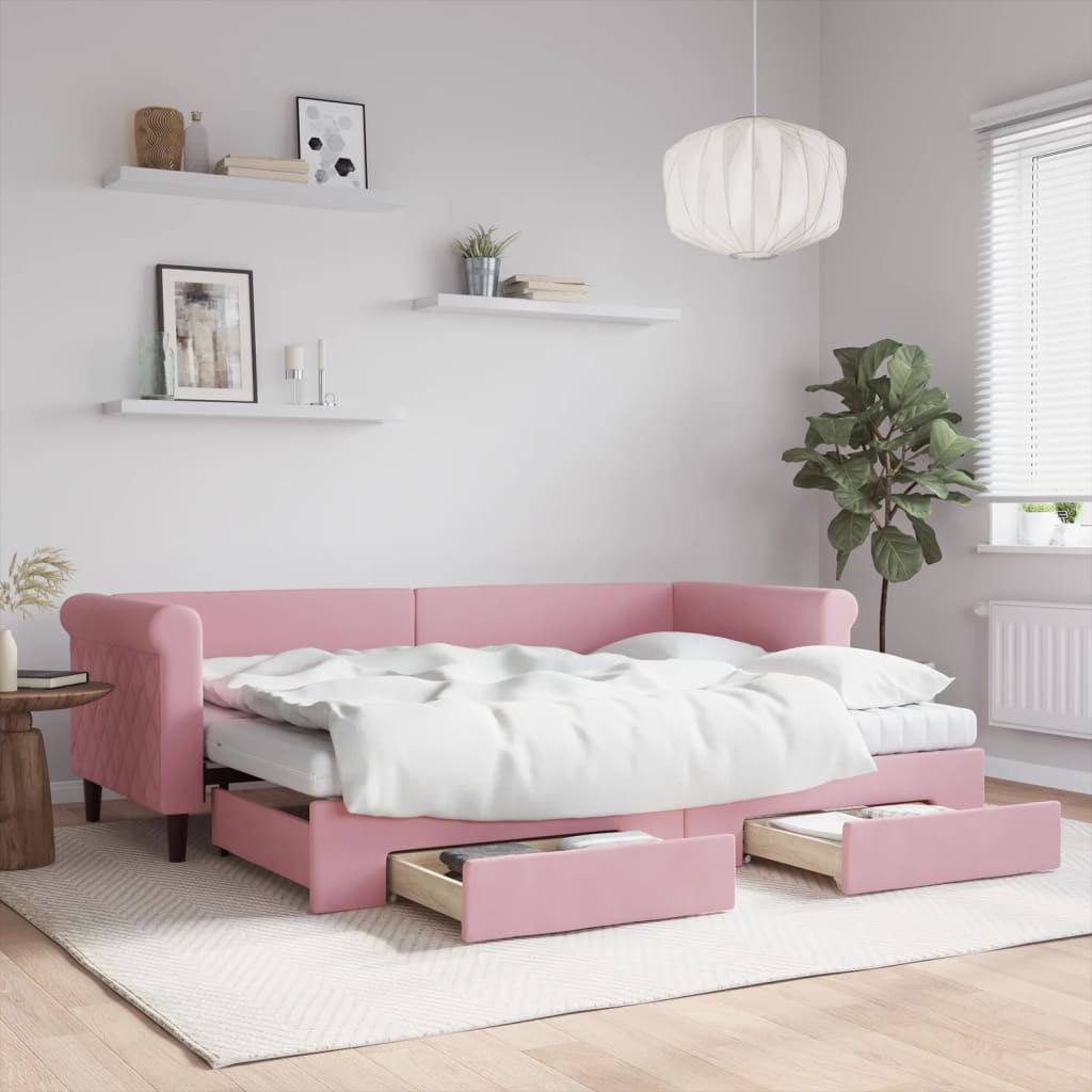 Lit de jour avec gigogne et tiroirs rose 80x200 cm velours