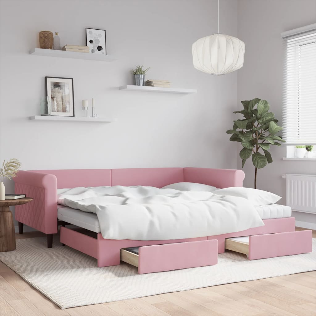 Lit de jour avec gigogne et tiroirs rose 100x200 cm velours