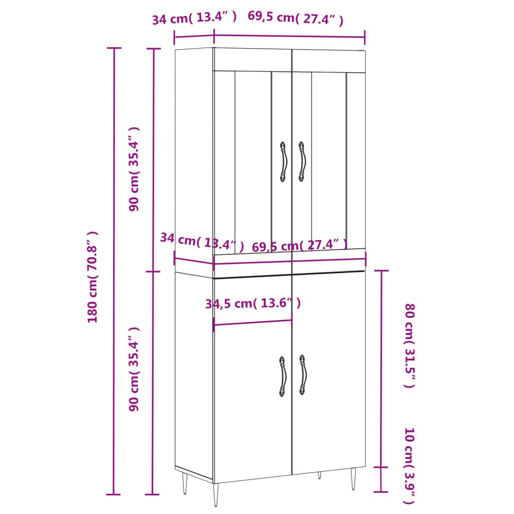 Buffet haut Gris béton 69,5x34x180 cm Bois d'ingénierie - XIOS