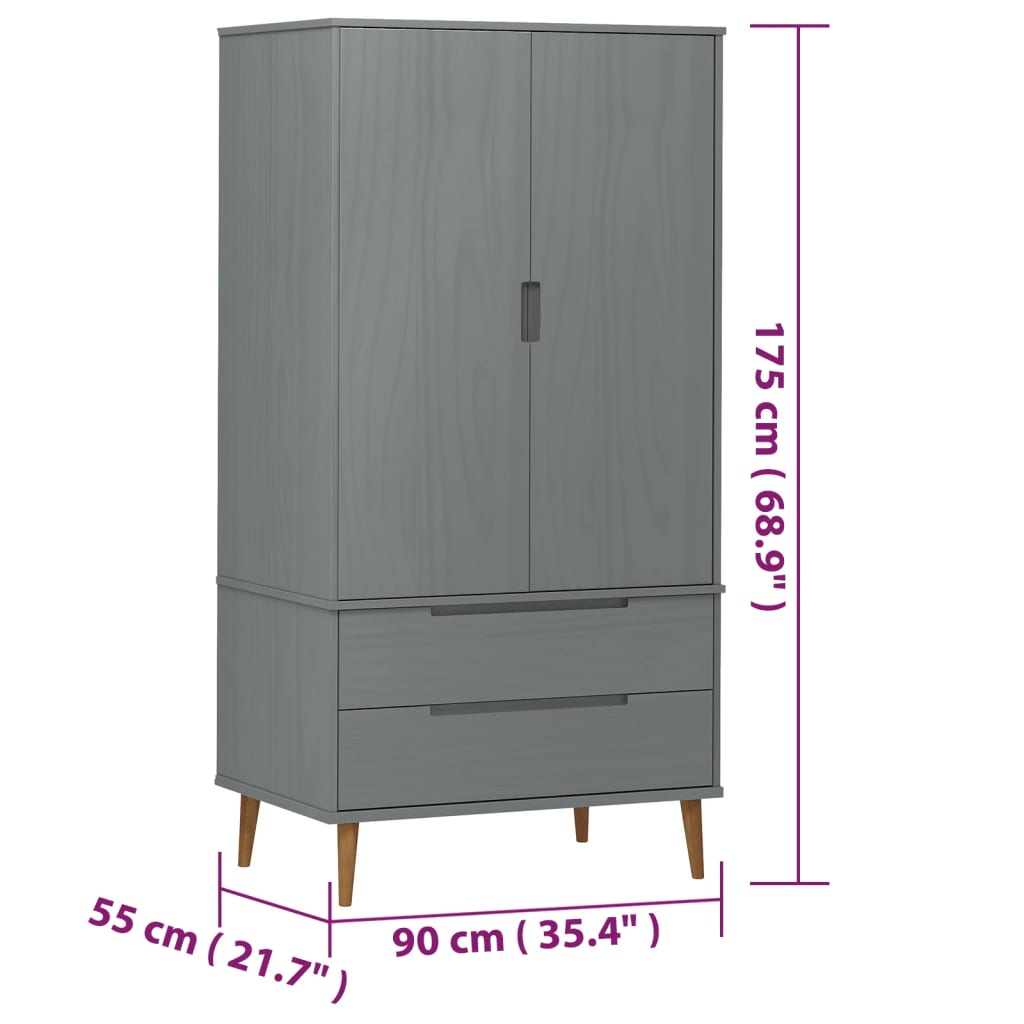Garde-robe MOLDE Gris 90x55x175 cm Bois massif de pin - XIOS