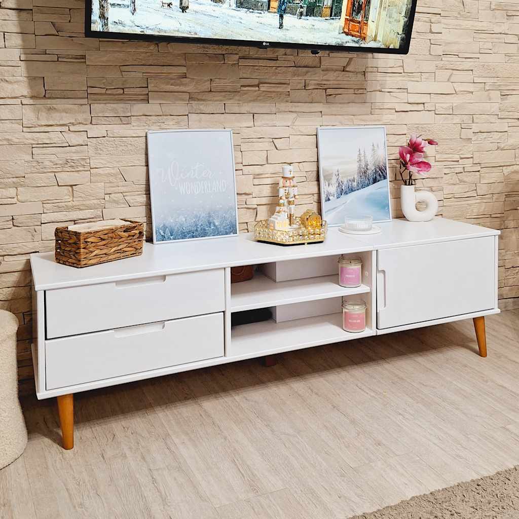 Meuble TV MOLDE Blanc 158x40x49 cm Bois de pin massif - XIOS