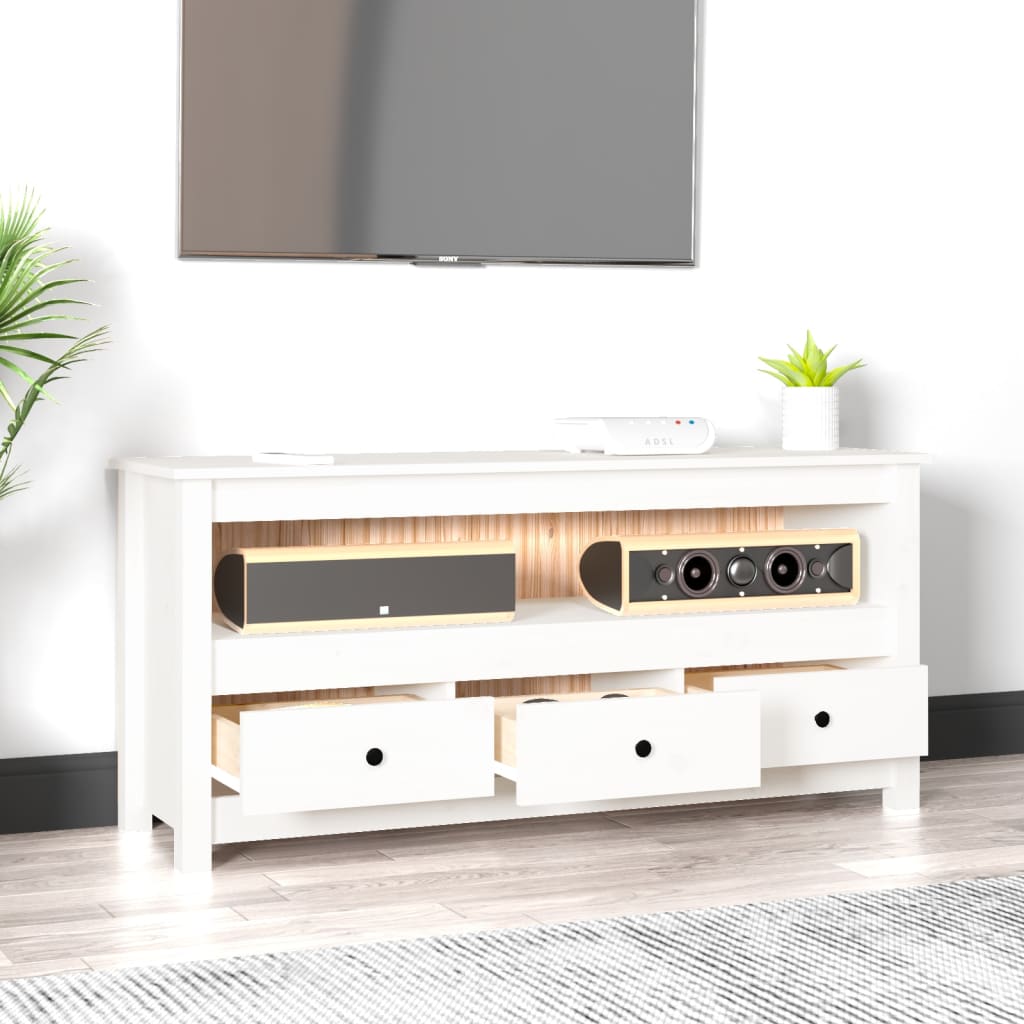 Meuble TV Blanc 114x35x52 cm Bois de pin massif - XIOS
