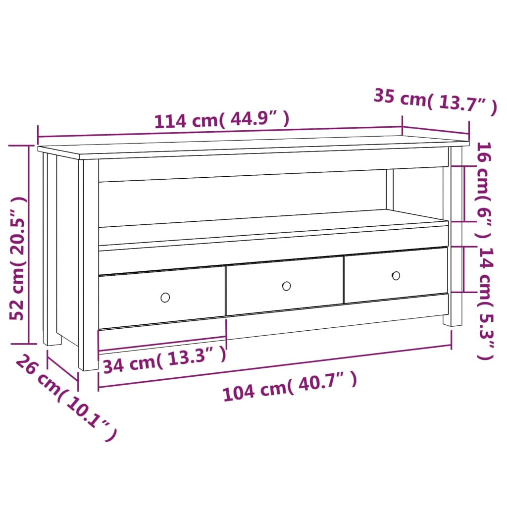 Meuble TV Noir 114x35x52 cm Bois de pin massif - XIOS
