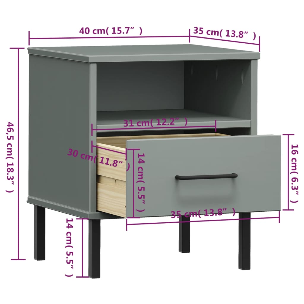 Table de chevet avec pieds en métal Gris Bois pin massif OSLO - XIOS