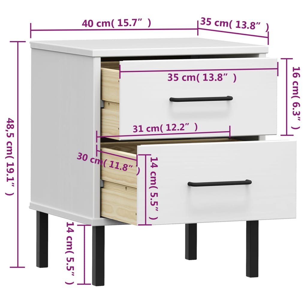 Table de chevet avec pieds en métal Blanc Bois pin massif OSLO - XIOS