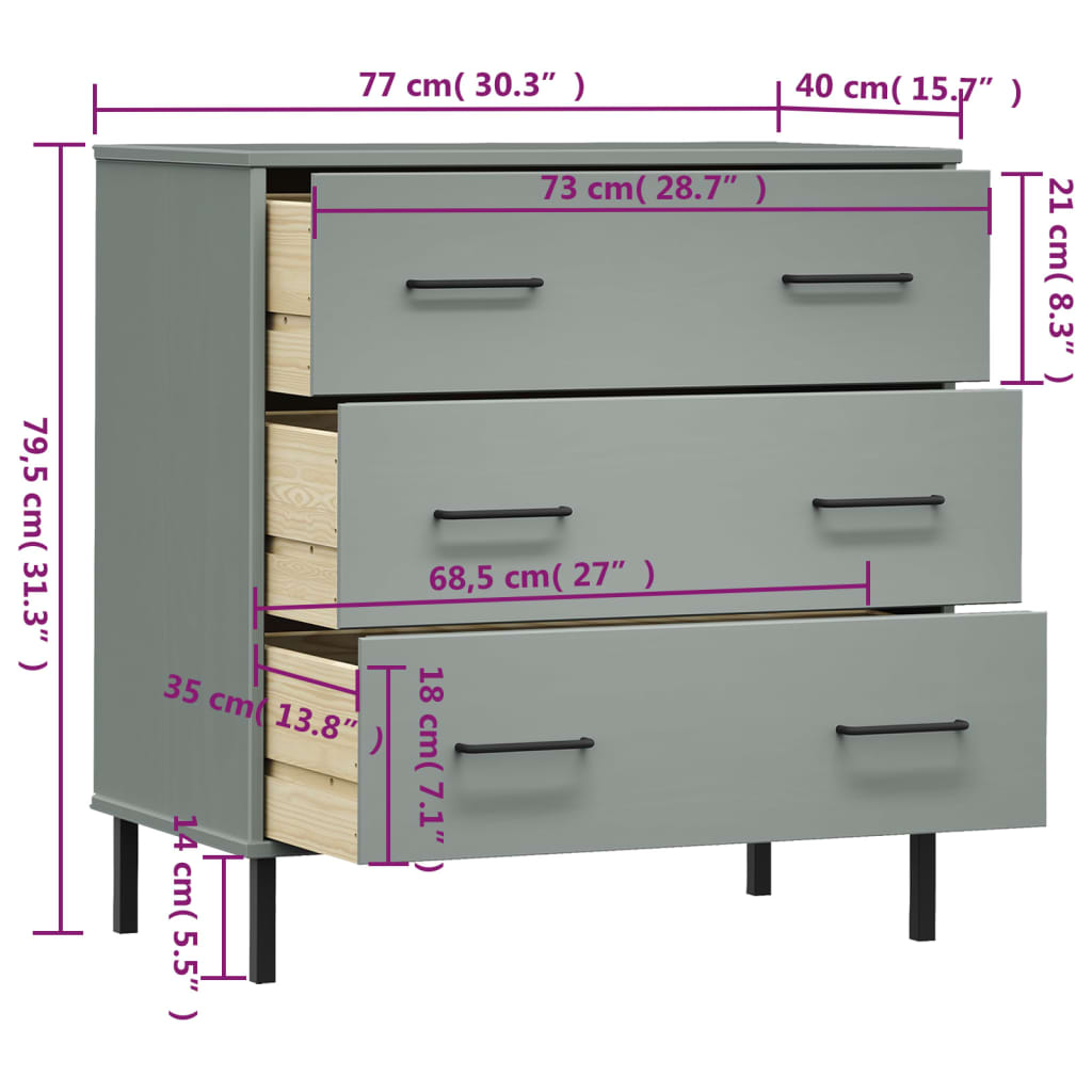 Buffet avec 3 tiroirs Gris 77x40x79,5 cm Bois massif OSLO - XIOS