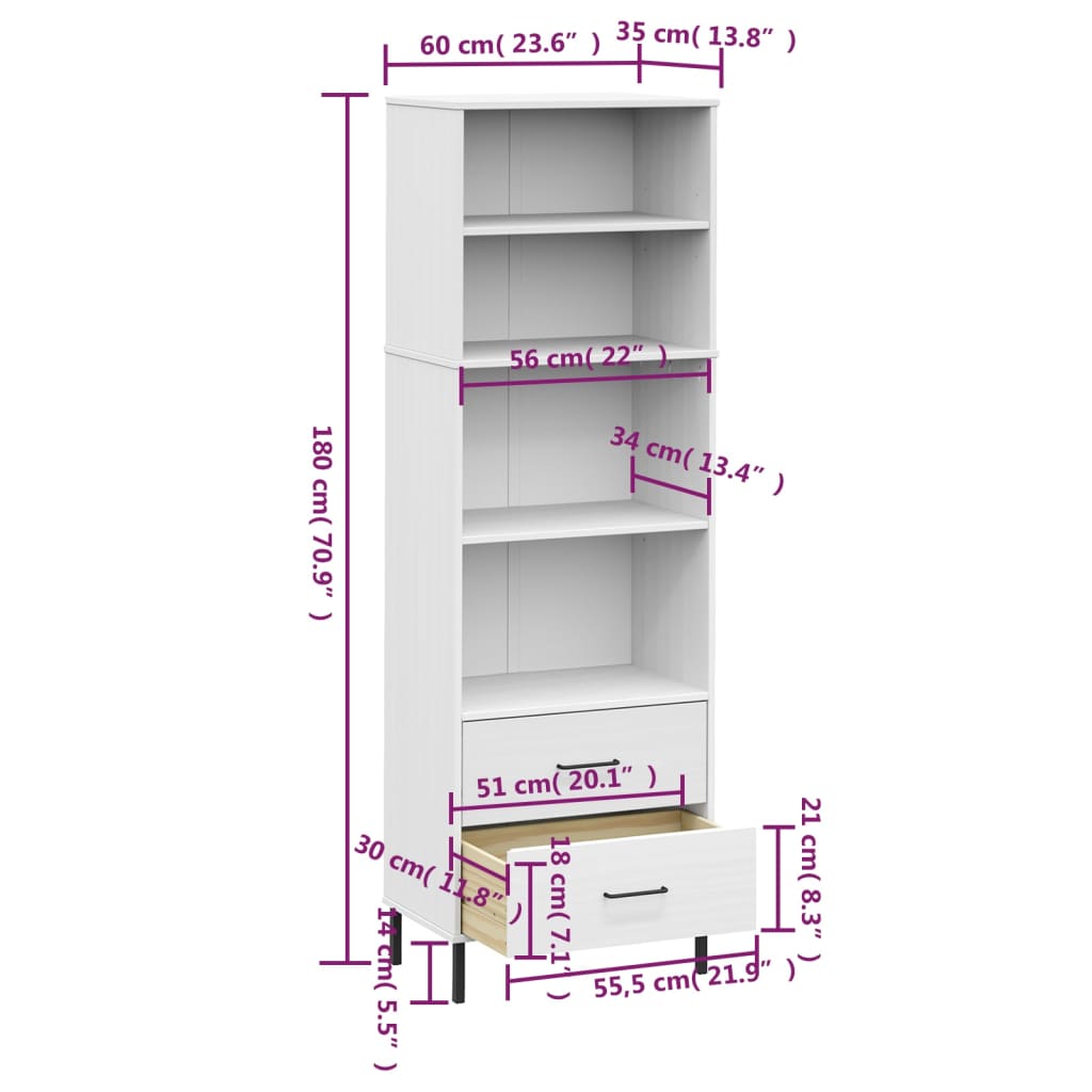 Bibliothèque à 2 tiroirs Blanc 60x35x180 cm Bois massif OSLO - XIOS