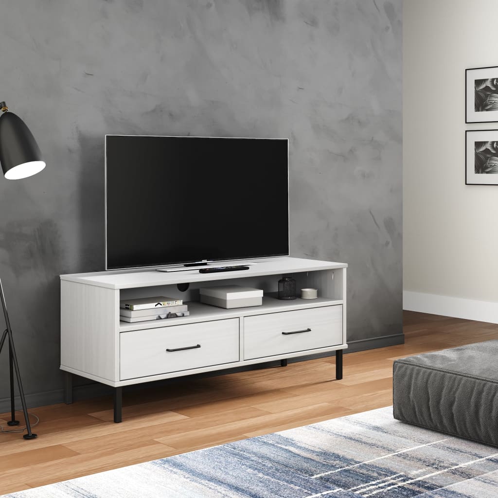Meuble TV avec pieds en métal Blanc Bois de pin massif OSLO - XIOS