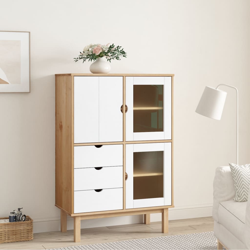 Buffet haut OTTA marron et blanc 85x43x125 cm bois massif pin - XIOS