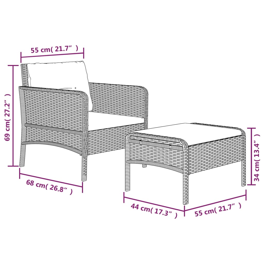 Salon de jardin 2 pcs avec coussins Gris Résine tressée
