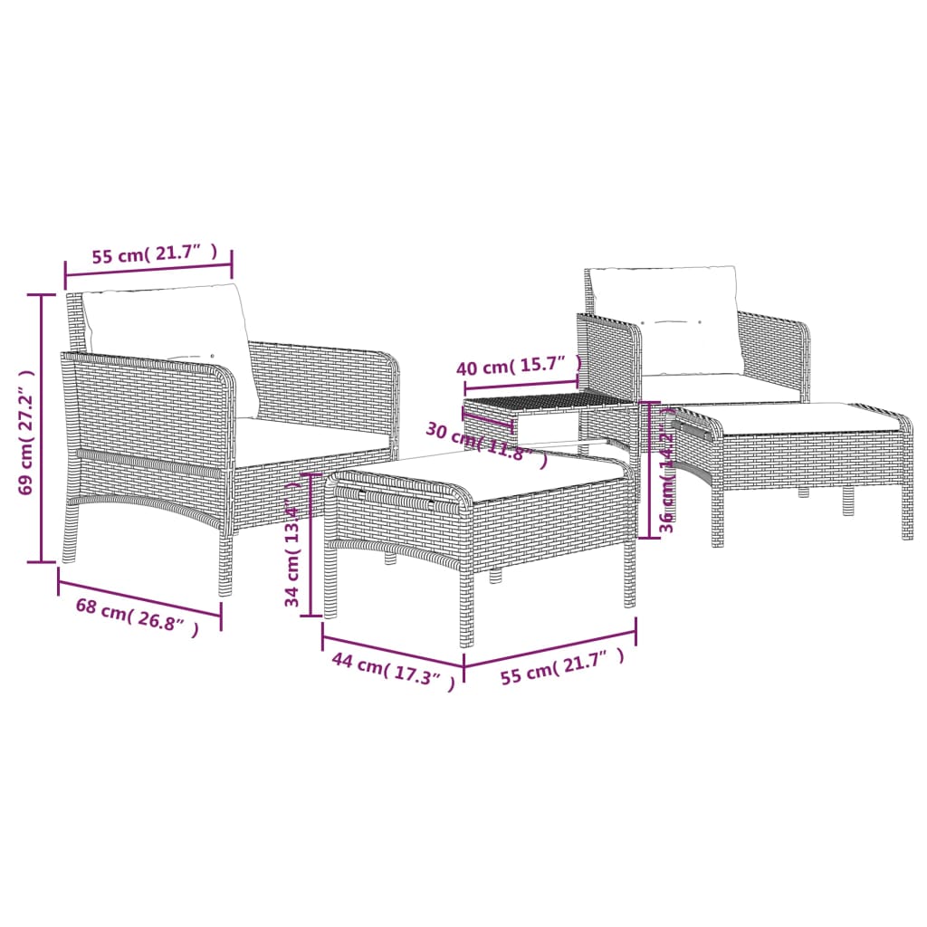 Salon de jardin 5 pcs avec coussins Gris Résine tressée