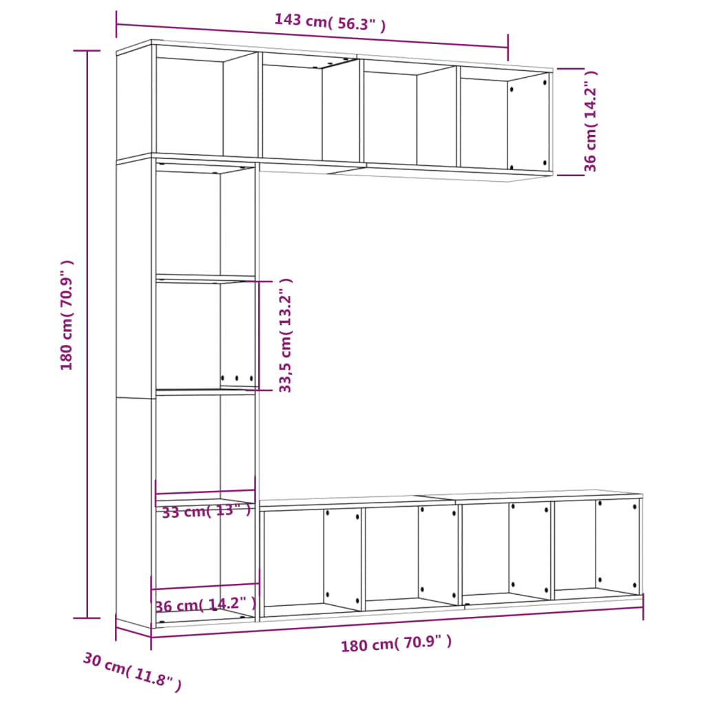 Ensemble bibliothèque/meuble TV 3 pcs Chêne fumé 180x30x180 cm - XIOS