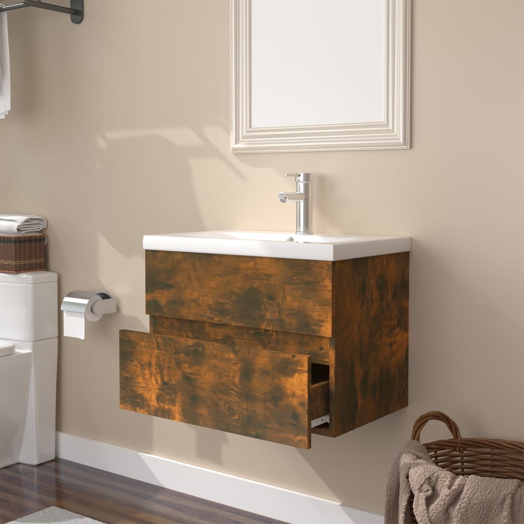 Meuble lavabo avec bassin intégré Chêne fumé Bois d'ingénierie - XIOS