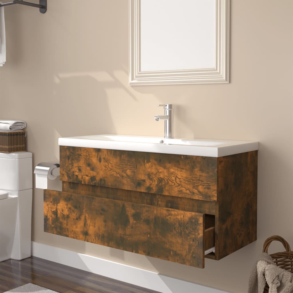 Meuble lavabo avec bassin intégré Chêne fumé Bois d'ingénierie - XIOS