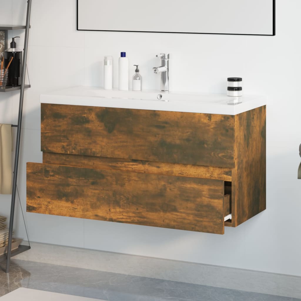 Meuble lavabo avec bassin intégré Chêne fumé Bois d'ingénierie - XIOS