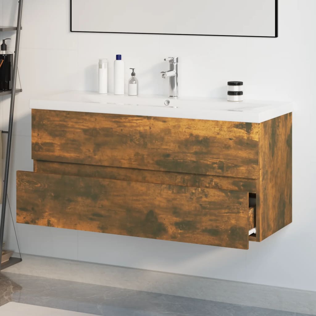 Meuble lavabo avec bassin intégré Chêne fumé Bois d'ingénierie - XIOS