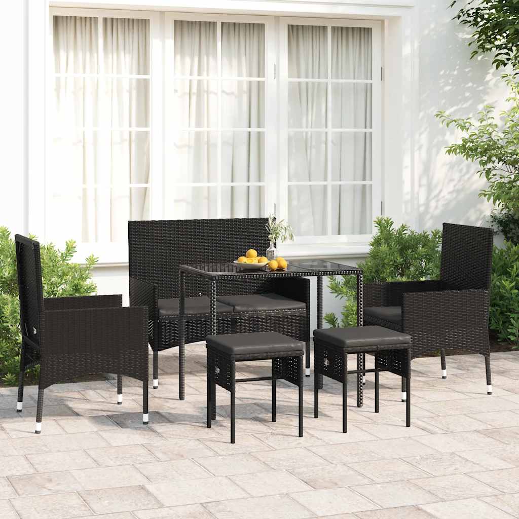 Salon de jardin 6 pcs avec coussins Noir Résine tressée