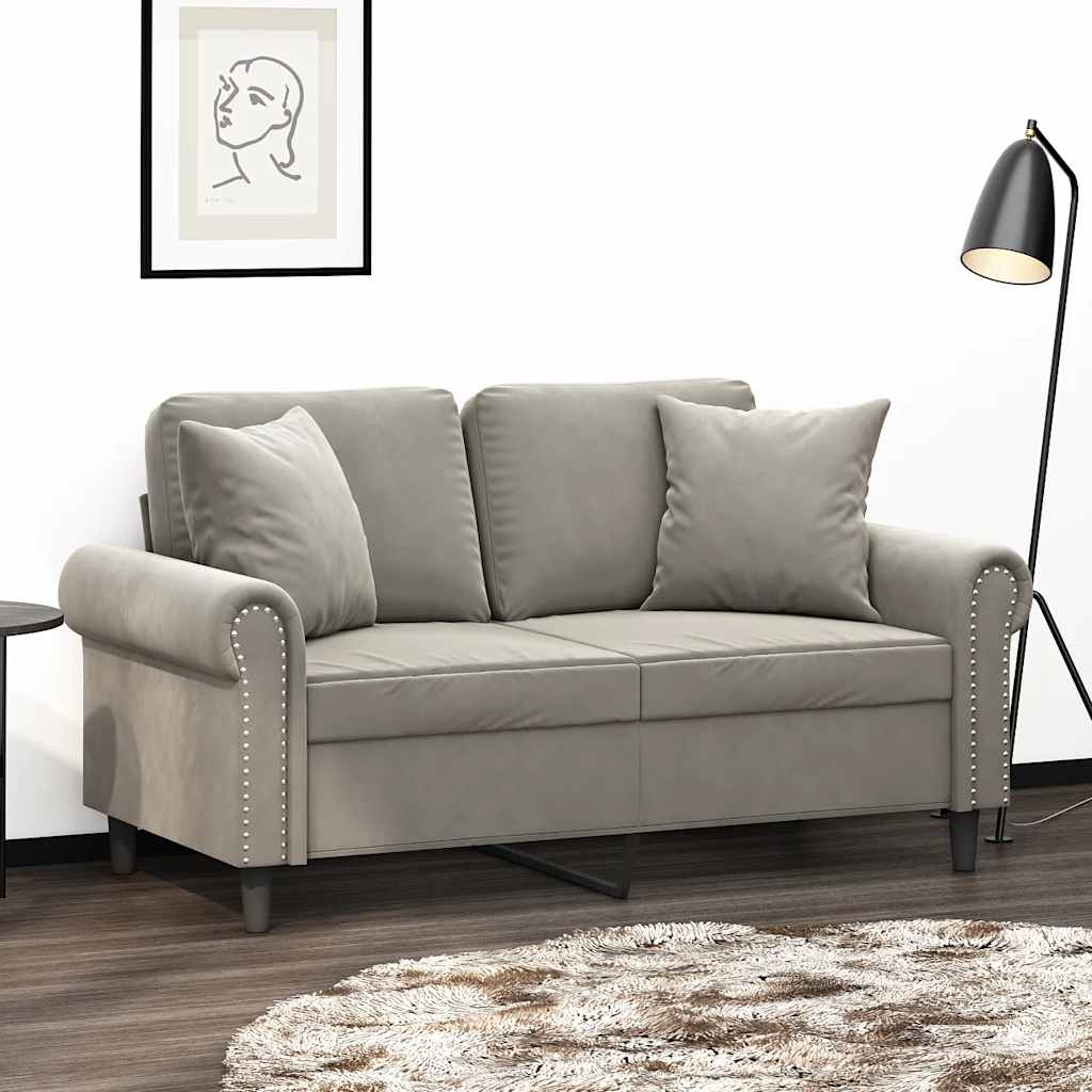 Canapé 2 places oreillers et coussins Gris clair 120 cm Velours - XIOS