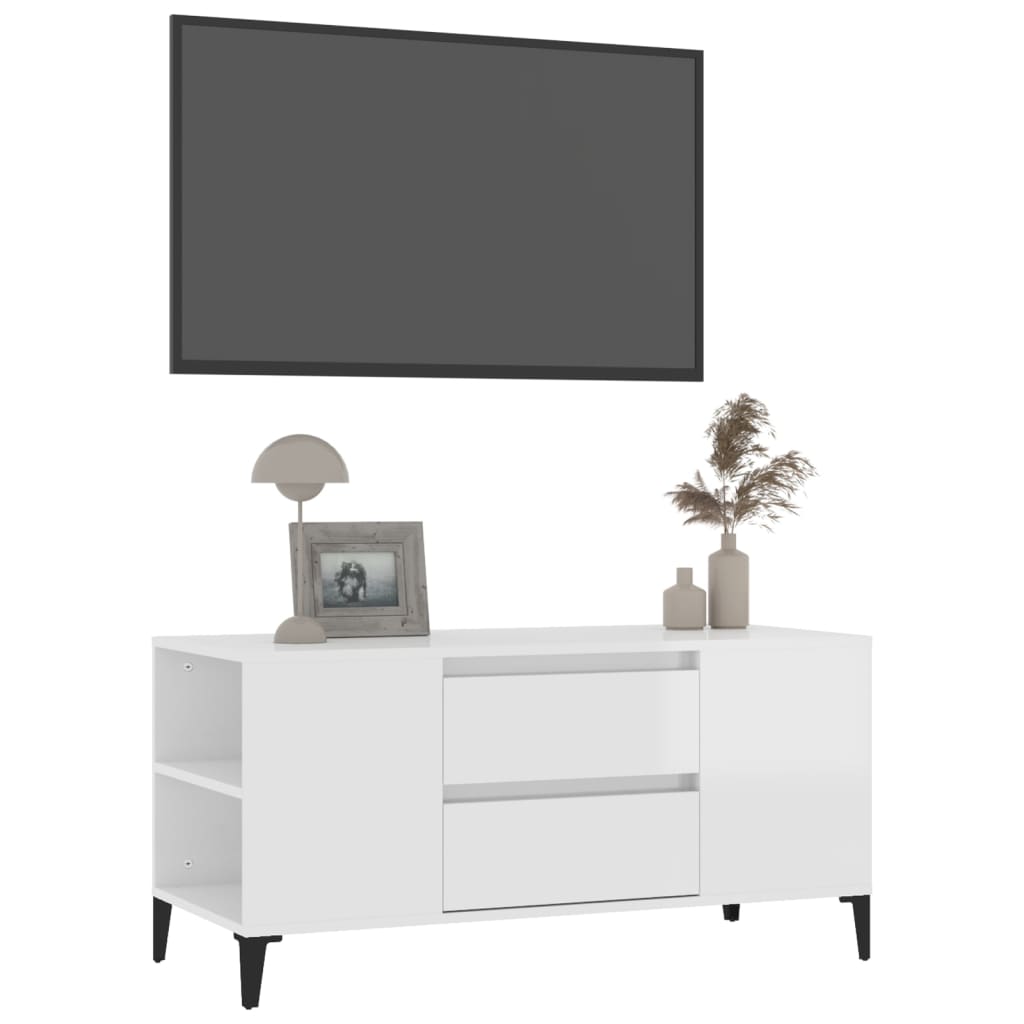 Meuble TV Blanc brillant 102x44,5x50 cm Bois d'ingénierie - XIOS
