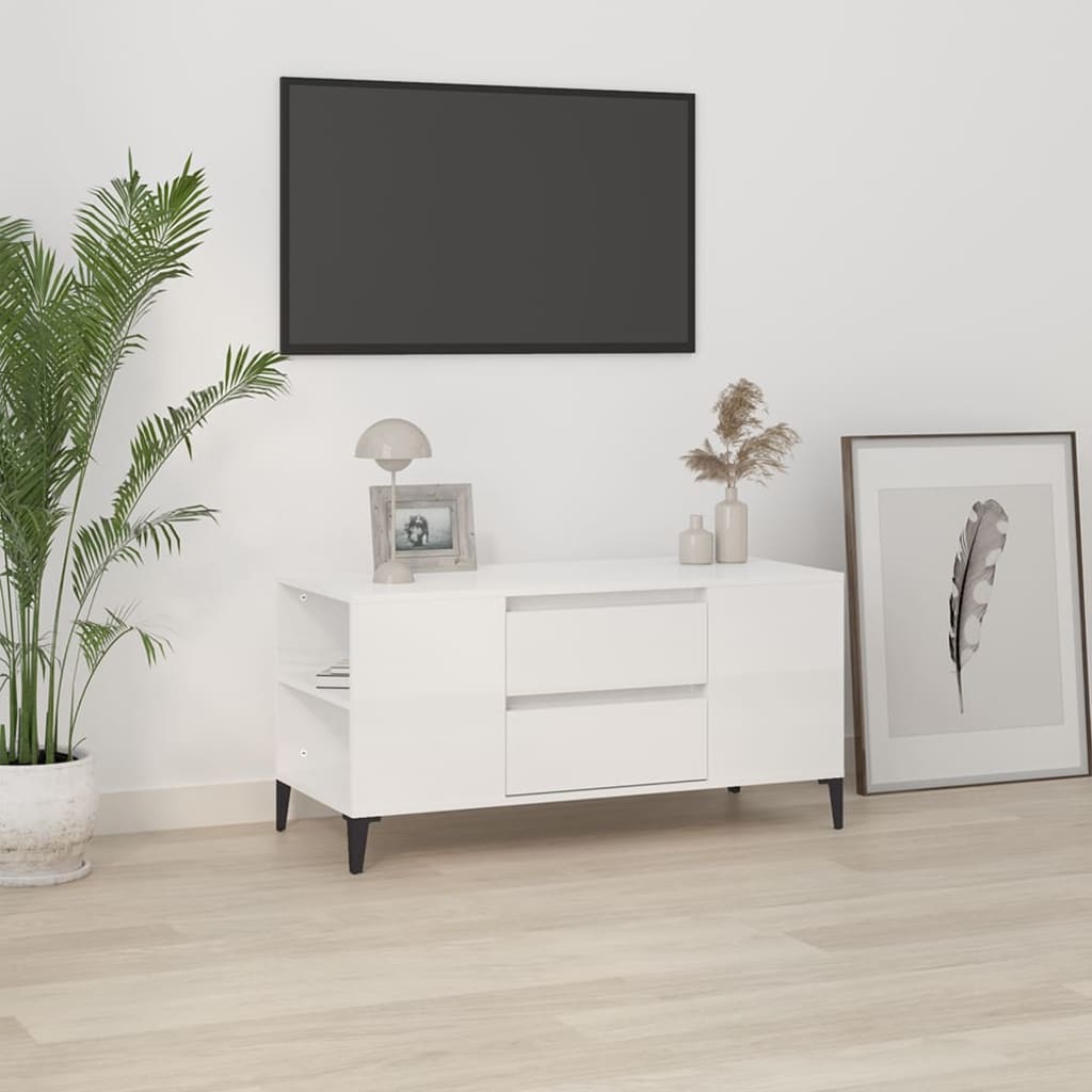Meuble TV Blanc brillant 102x44,5x50 cm Bois d'ingénierie - XIOS