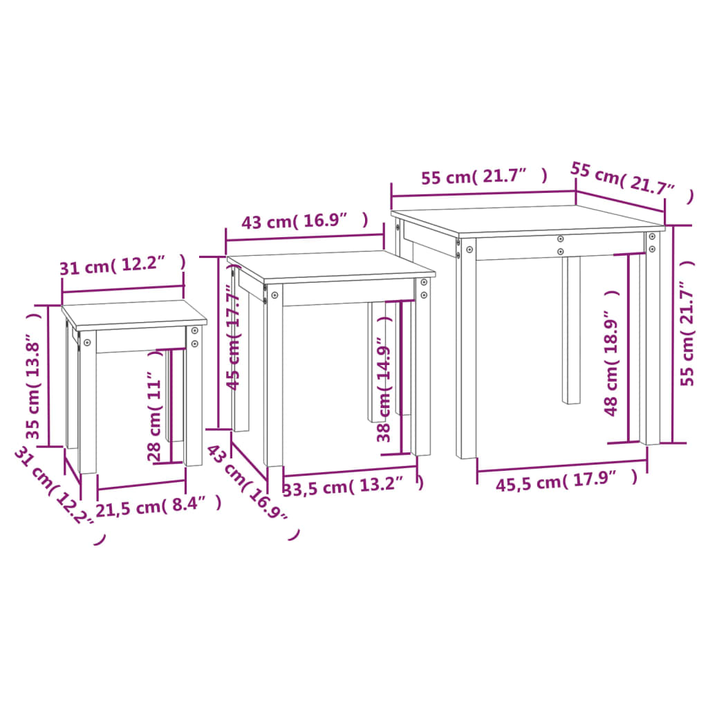 Tables gigognes 3 pcs Blanc Bois de pin massif - XIOS