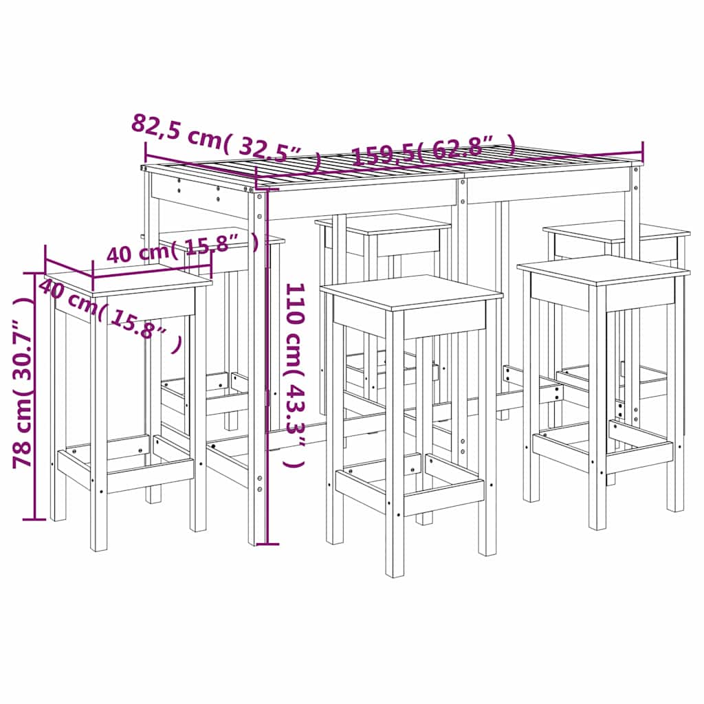 Ensemble de bar de jardin 7 pcs blanc bois de pin massif