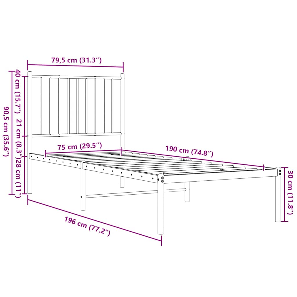 Cadre de lit métal sans matelas avec tête de lit noir 75x190 cm
