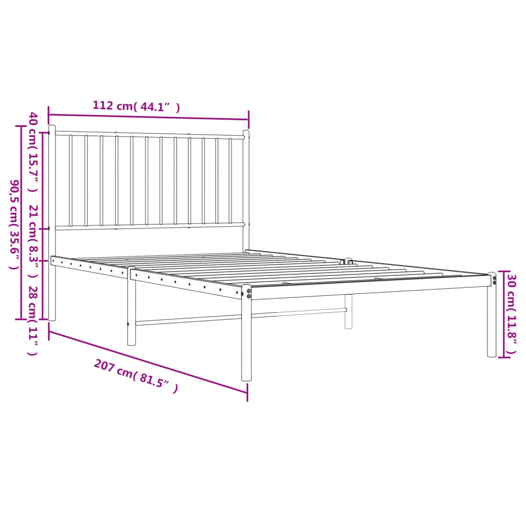 Cadre de lit métal sans matelas avec tête de lit noir 107x203cm - XIOS