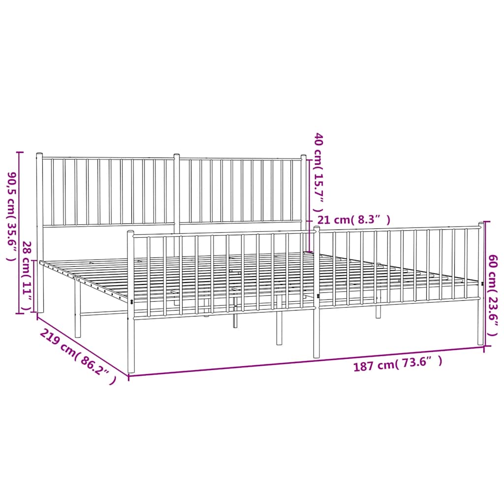 Cadre de lit métal sans matelas avec pied de lit noir 183x213cm - XIOS