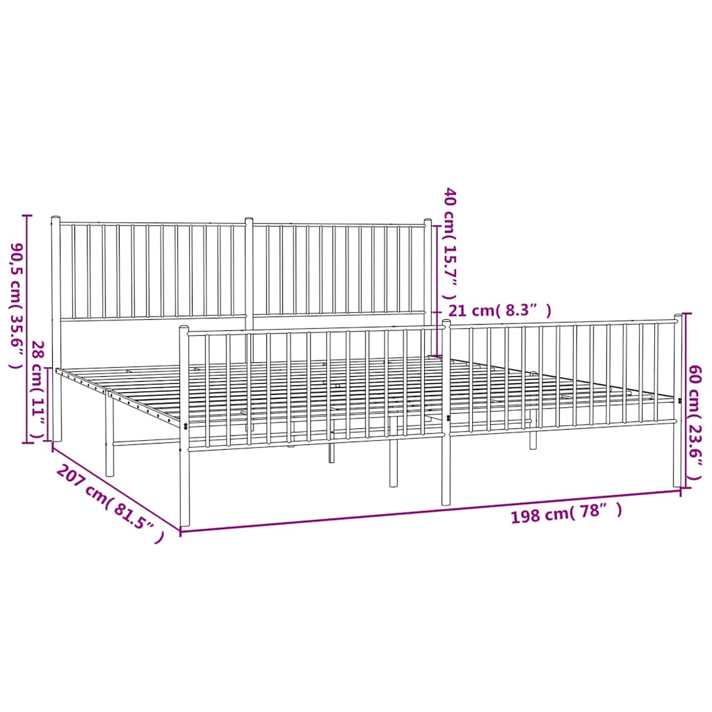 Cadre de lit métal sans matelas avec pied de lit noir 193x203cm - XIOS