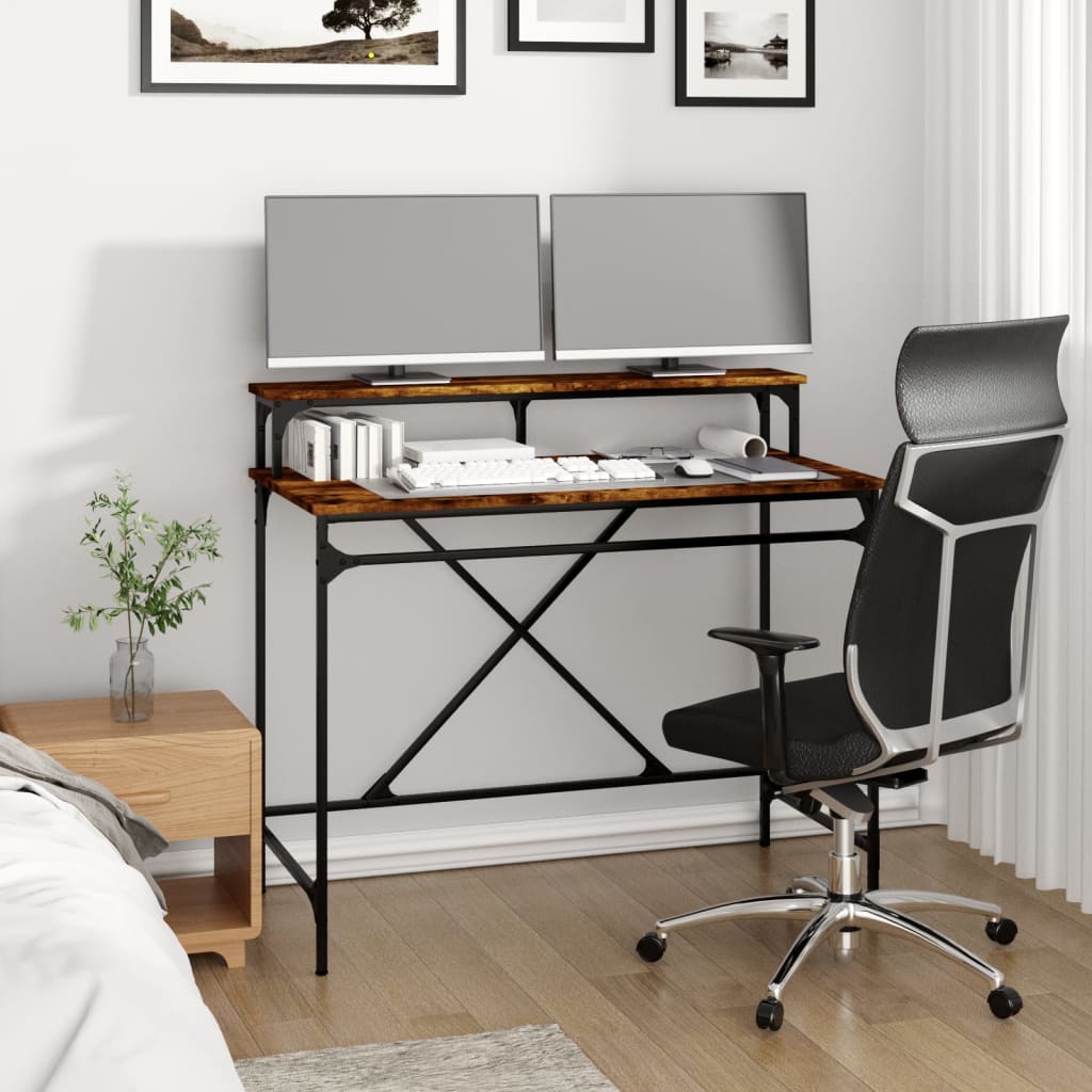 Bureau chêne fumé 100x50x90 cm bois d'ingénierie et fer - XIOS