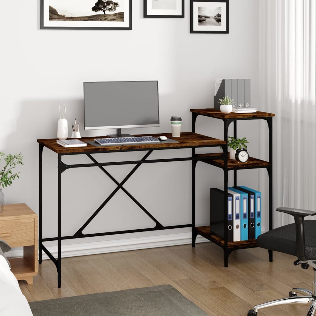 Bureau et étagères chêne fumé 135x50x90cm bois d'ingénierie/fer - XIOS