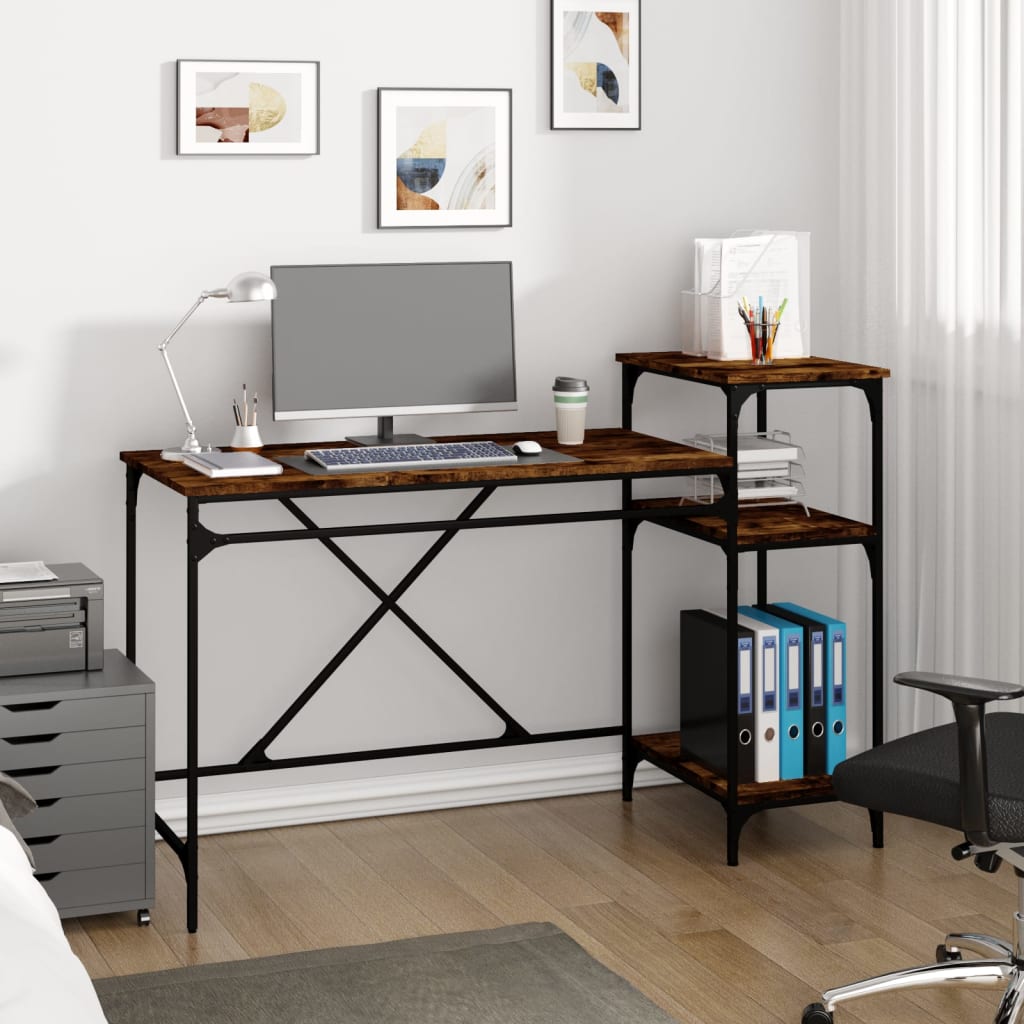 Bureau et étagères chêne fumé 135x50x90cm bois d'ingénierie/fer - XIOS