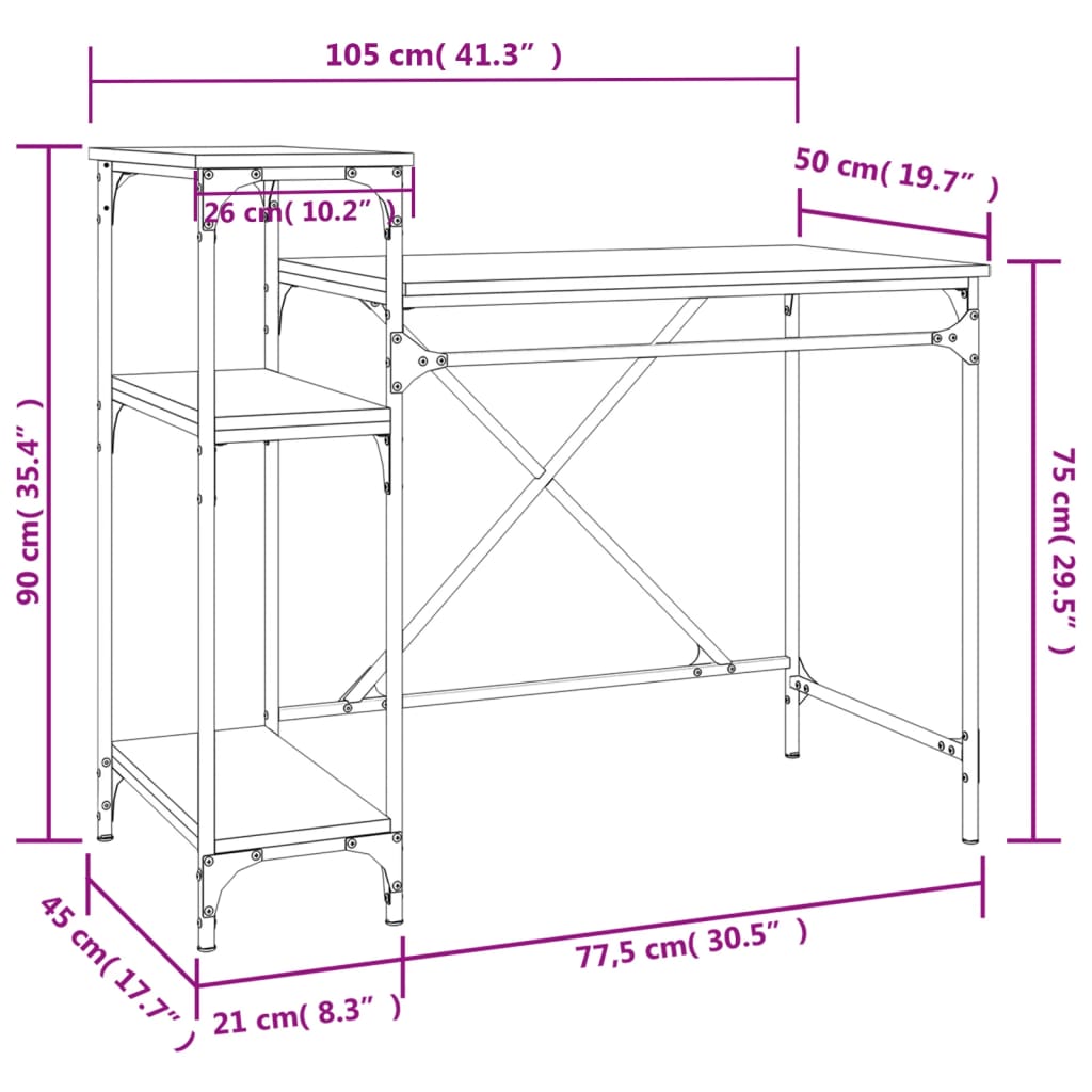 Bureau avec étagères chêne 105x50x90 cmbois d'ingénierie et fer - XIOS