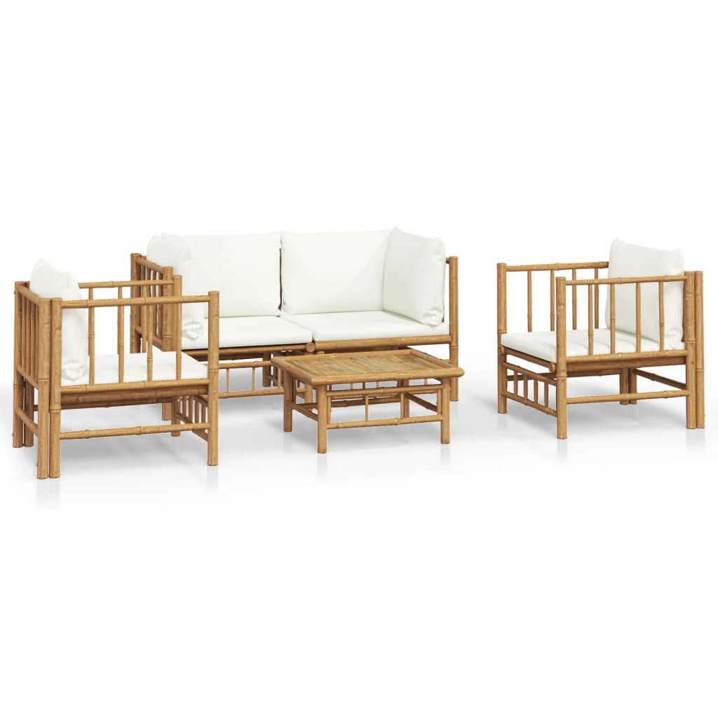 Salon de jardin 5 pcs avec coussins blanc crème bambou - XIOS