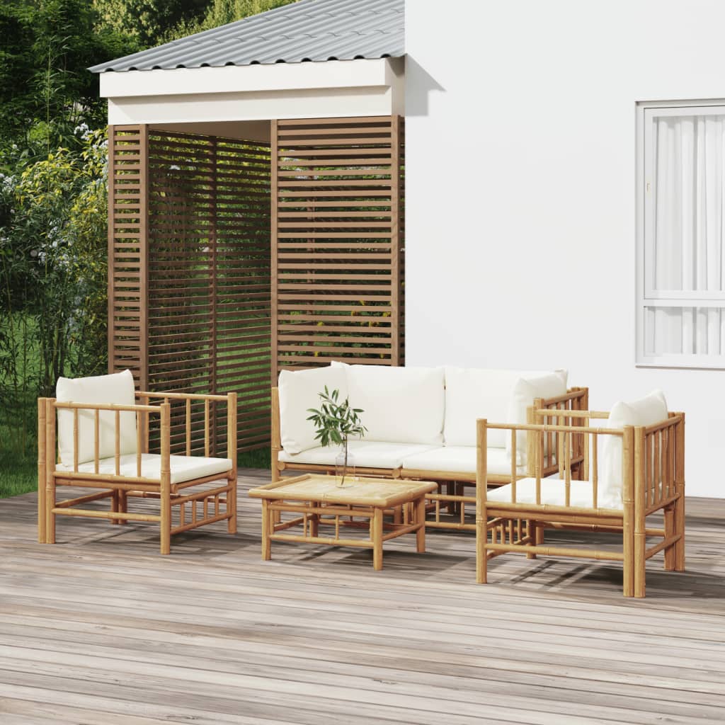 Salon de jardin 5 pcs avec coussins blanc crème bambou - XIOS